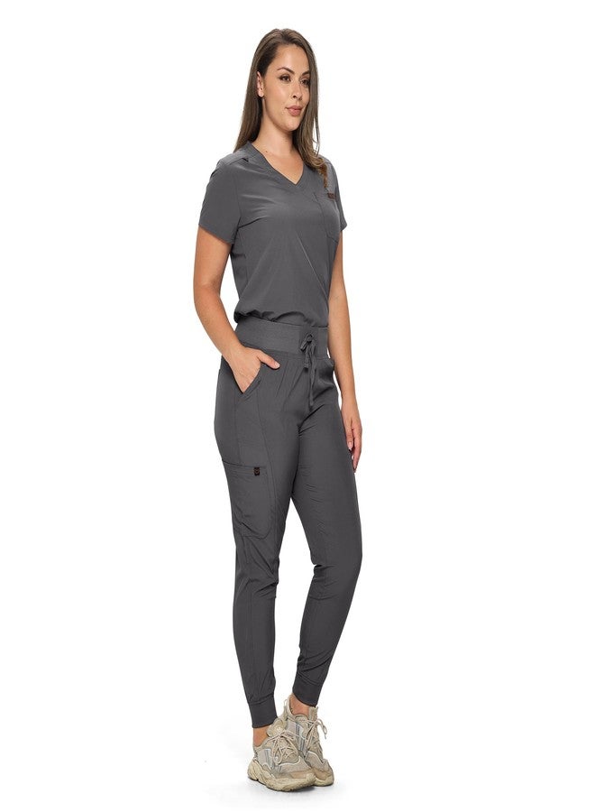 Monarch Uniforms Slim Fit Stretchy Scrubs Women's Jogger Scrub Set Slim Jogger Scrubs with Tuck-In Top for Women (CHARCOAL-2X) - Image 2